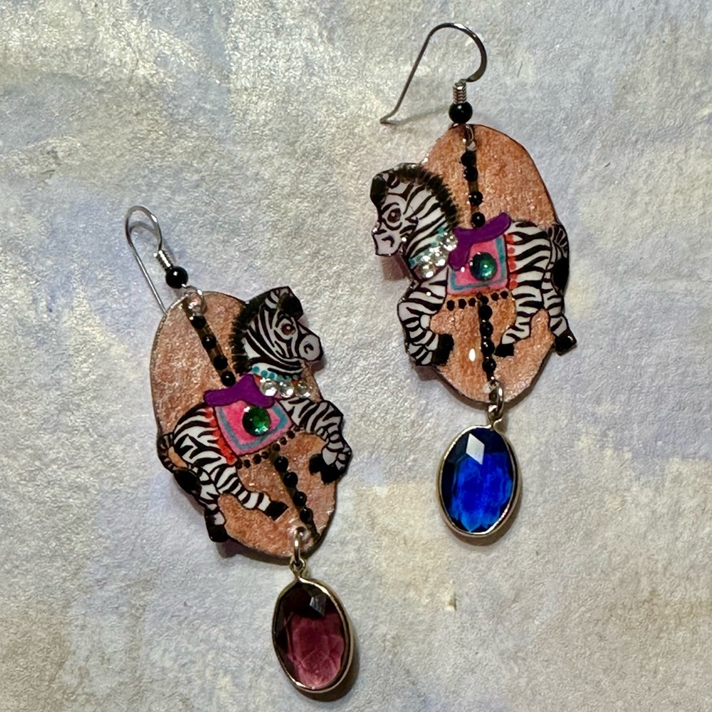 Handpainted zebra carousel horse earrings Sterling crystals OOAK